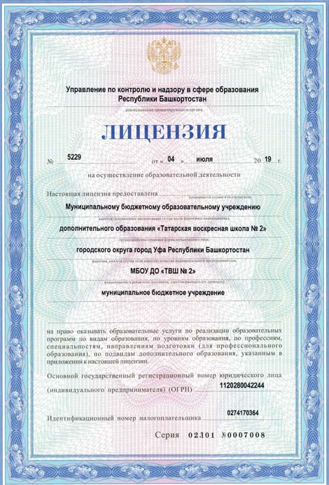 Лицензия МБОУ ДО Татарская воскресная школа №2 на право оказания образовательных услуг