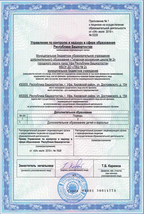 Лицензия МБОУ ДО Татарская воскресная школа №2 на право оказания образовательных услуг